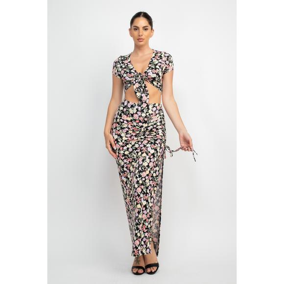Rachell`s Boutique Dresses & Skirts - Front Knot Floral Top & Ruched Maxi Skirts Set